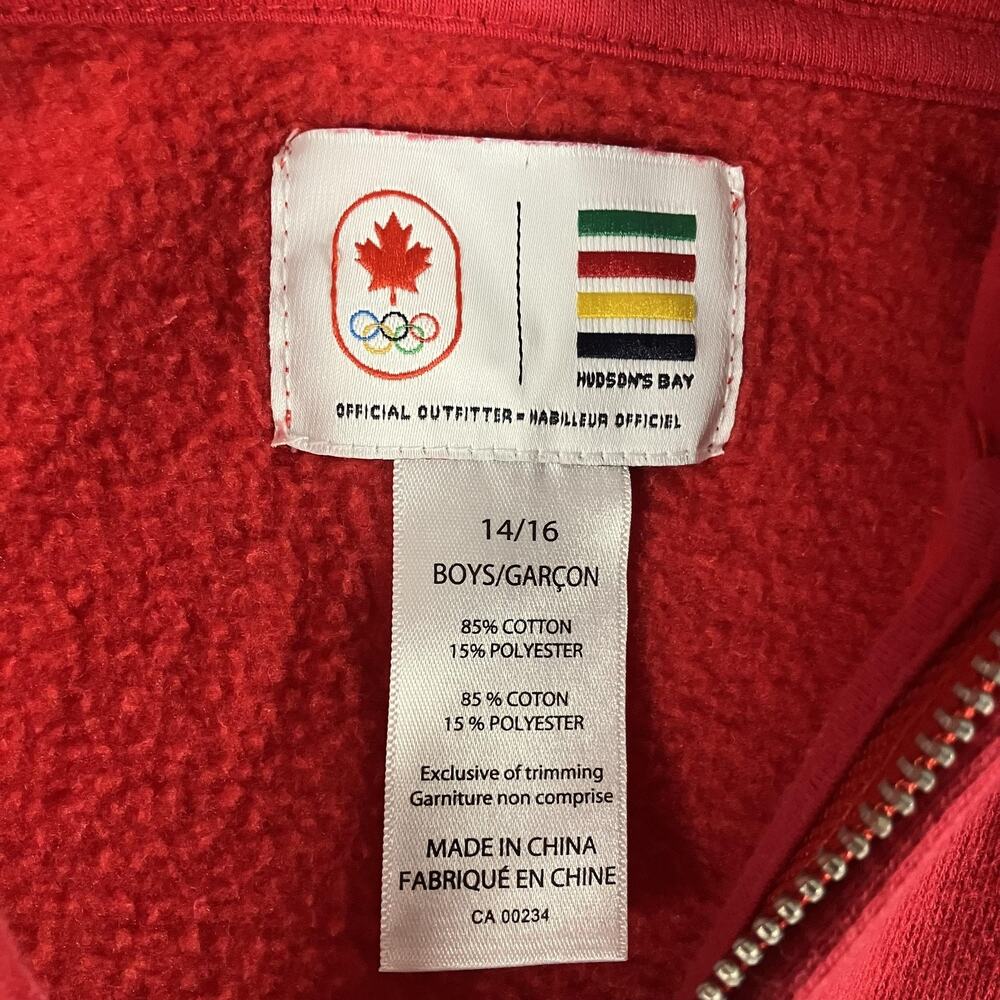 Team Canada Olympic Boys Hoodie Full Zip Red 14/16 Hudson's Bay Fleece Applique - Picture 3 of 8